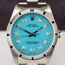 Rolex 34mm Oyster Perpetual Baby Blue Diamond Dial Engine Turned Watch 14010