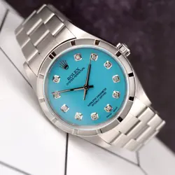 Rolex 34mm Oyster Perpetual Baby Blue Diamond Dial Engine Turned Watch 14010