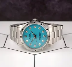 Rolex 34mm Oyster Perpetual Baby Blue Diamond Dial Engine Turned Watch 14010