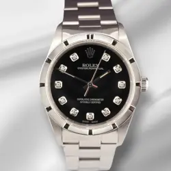 ROLEX 34MM OYSTER PERPETUAL BLACK DIAMOND DIAL ENGINE TURNED STEEL WATCH 14010