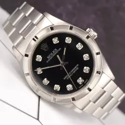 Rolex 34mm Oyster Perpetual Black Diamond Dial Engine Turned Steel Watch 14010