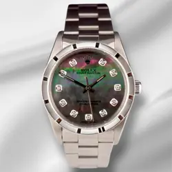 ROLEX 34MM OYSTER PERPETUAL BLACK MOP DIAMOND DIAL ENGINE TURNED WATCH 14010