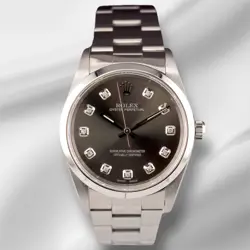 ROLEX 34MM OYSTER PERPETUAL GREY DIAMOND DIAL STAINLESS STEEL WATCH 14010