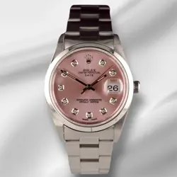 ROLEX DATE 34MM LADIES PINK DIAMOND DIAL OYSTER STEEL WATCH 15010