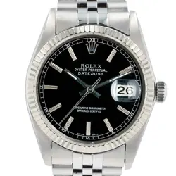 ROLEX DATEJUST MENS STAINLESS STEEL WATCH 18KW GOLD FLUTED BEZEL BLACK INDEX