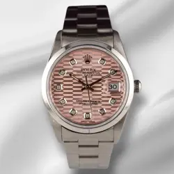 ROLEX DATE 34MM LADIES PINK MOTIF DIAMOND DIAL OYSTER STEEL WATCH 15010