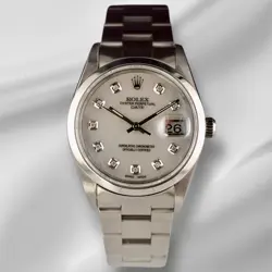 ROLEX DATE 34MM LADIES WHITE MOP DIAMOND DIAL OYSTER STEEL WATCH 15010