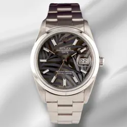 ROLEX DATE 34MM LADIES GREY PALM DIAL OYSTER STEEL WATCH 15010