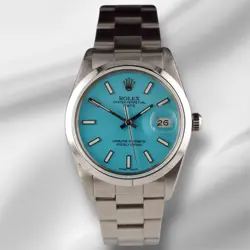 ROLEX DATE 34MM LADIES BABY BLUE DIAL OYSTER STEEL WATCH 15010
