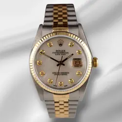 ROLEX DATEJUST 36MM 18K YG & STEEL FLUTED WHITE MOP DIAMOND DIAL WATCH