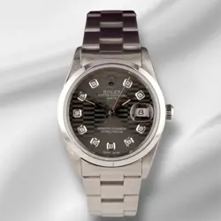 ROLEX DATE 34MM LADIES GREY MOTIF DIAMOND DIAL OYSTER STEEL WATCH 15010
