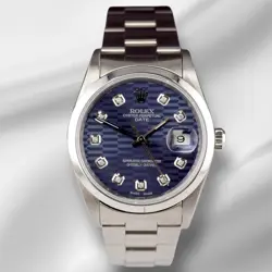 ROLEX DATE 34MM LADIES BLUE MOTIF DIAMOND DIAL OYSTER STEEL WATCH 15010