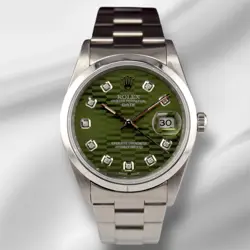 ROLEX DATE 34MM LADIES GREEN MOTIF DIAMOND DIAL OYSTER STEEL WATCH 15010