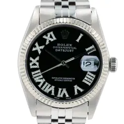 ROLEX DATEJUST MENS STAINLESS STEEL WATCH 18KW GOLD FLUTED BLACK DIAMOND ROMAN