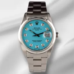 ROLEX DATE 34MM LADIES BABY BLUE DIAMOND DIAL OYSTER STEEL WATCH 15010