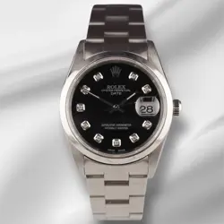 ROLEX DATE 34MM LADIES BLACK DIAMOND DIAL OYSTER STEEL WATCH 15010