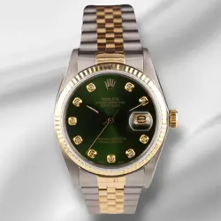 ROLEX DATEJUST 36MM 18KYELLOW GOLD & STEEL FLUTED GREEN DIAMOND DIAL WATCH