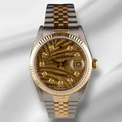 ROLEX DATEJUST 36MM 18KYG 2-TONE FLUTED GOLD PALM MOTIF DIAMOND DIAL WATCH