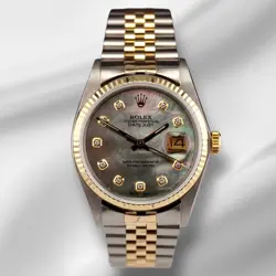 ROLEX DATEJUST 36MM 18K YG & STEEL FLUTED BLACK MOP DIAMOND DIAL WATCH