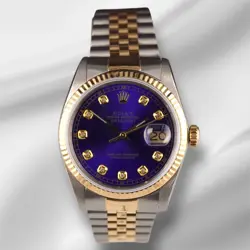 ROLEX DATEJUST 36MM 18K YG 2-TONE FLUTED ROYAL BLUE DIAMOND DIAL WATCH