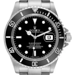 Men's Rolex 40mm Submariner Oyster Date Steel Watch w/Black Dial & Black Bezel.