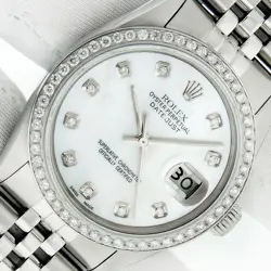 MENS ROLEX STAINLESS STEEL DATEJUST WITH MOP DIAMOND DIAL - DIAMOND BEZEL WATCH