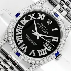 ROLEX DATEJUST BLACK DIAMOND DIAL STEEL & 18K GOLD DIAMOND SAPPHIRE MENS WATCH