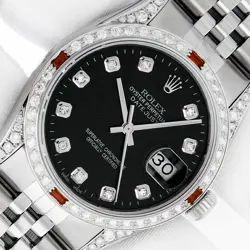 ROLEX DATEJUST BLACK DIAMOND DIAL, STEEL & 18K GOLD DIAMOND RUBY MENS WATCH