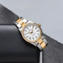 ROLEX OYSTER PERPETUAL WHITE ROMAN BUCKLEY 18K GOLD STEEL OYSTER 34MM 14233