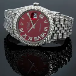 ROLEX DATEJUST 41MM 126300 RED ROMAN DIAL ICED OUT STEEL JUBILEE BRACELET WATCH