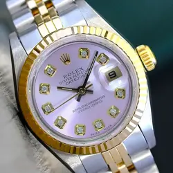 ROLEX DATEJUST 69173 LADIES GOLD-STEEL ICE PINK DIAMOND DIAL FLUTED 26MM WATCH