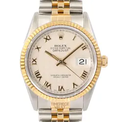ROLEX DATEJUST 16233 GOLD & S/STEEL 36MM IVORY PYRAMID DIAL 18K FLUTED BEZEL