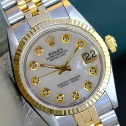 ROLEX LADIES DATEJUST 18KY GOLD & SS WHITE MOP DIAL MID SIZE 31MM WATCH W/ CERT