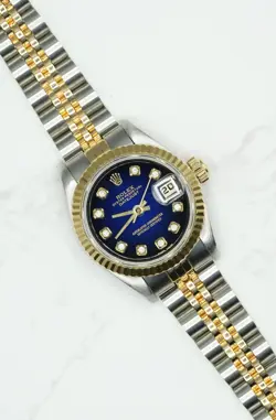Ladies Steel & Gold Rolex Datejust 26mm 69173 Custom Blue Vignette Diamond Dial