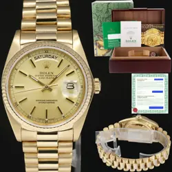 PAPERS MINT ROLEX PRESIDENT DAY-DATE CHAMPAGNE 18038 QUICKSET YELLOW GOLD WATCH