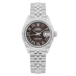 ROLEX DATEJUST 28 GOLD BEZEL STEEL GRAY ROMAN DIAL LADIES WATCH 279174