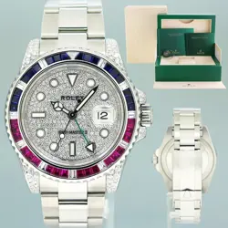 MINT PAVE DIAMOND RUBY & SAPPHIRE ROLEX GMT MASTER II 116710 STEEL BLACK 40MM