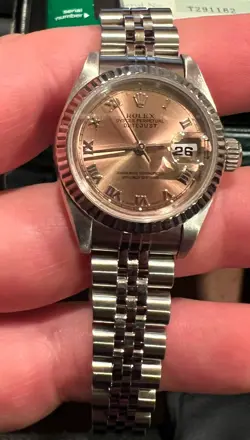 ROLEX STAINLESS STEEL OYSTER PERPETUAL DATE 69174 26MM PINK DIAL JUBILEE BAND