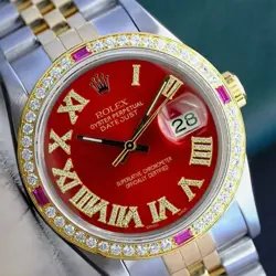 ROLEX DATEJUST MENS TWO-TONE 18KY STEEL RED DIAMOND ROMAN WATCH 1.75CTS 36MM