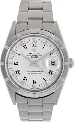 ROLEX DATE IN STAINLESS STEEL WITH A WHITE ROMAN NUMERAL DIAL