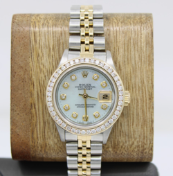 ROLEX DATEJUST TWO-TONE 26MM WHITE MOP DIAMOND DIAL & DIAMOND BEZEL WATCH 69173