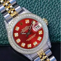 ROLEX DATEJUST LADIES TWO-TONE GOLD SS METAL WATCH RED DIAMOND DIAL BEZEL LUGS