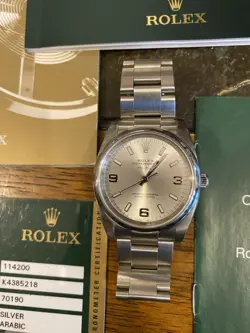 ROLEX AIR-KING 114200 STAINLESS OYSTER BRACELET WITH SILVER ARABIC DIAL