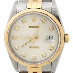 ROLEX DATEJUST MEN 18K YELLOW GOLD STEEL WATCH FACTORY SILVER DIAMOND DIAL 16233