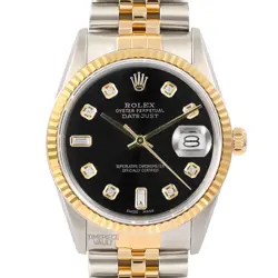ROLEX DATEJUST 16233 GOLD & STEEL 36MM BLACK BAGUETTE DIAMOND DIAL FLUTED BEZEL