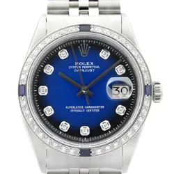 ROLEX MENS DATEJUST 18K WHITE GOLD STEEL BLUE VIGNETTE DIAMOND SAPPHIRE WATCH