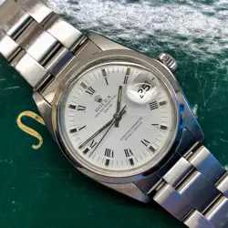 ROLEX DATE 1500 OYSTER PERPETUAL WHITE ROMAN STEEL AUTOMATIC WRISTWATCH