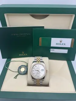 ROLEX DATEJUST 36 116243RBR 18K SILVER DIAMOND DIAL BEZEL JUBILEE BOX PAPERS