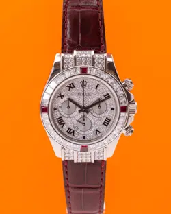 ROLEX COSMOGRAPH DAYTONA 40MM 1165994RU FACTORY RUBY AND DIAMOND GEMSET ON LEATH