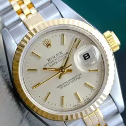 ROLEX DATEJUST WOMENS WATCH 18K YELLOW GOLD & STEEL SILVER W/ BOX & PAPER 69173